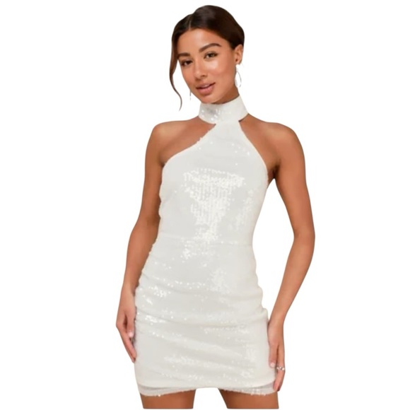 NWOT Lulus Sensational Purpose White Sequin Halter Tulip Mini Dress #1556 - Picture 1 of 8
